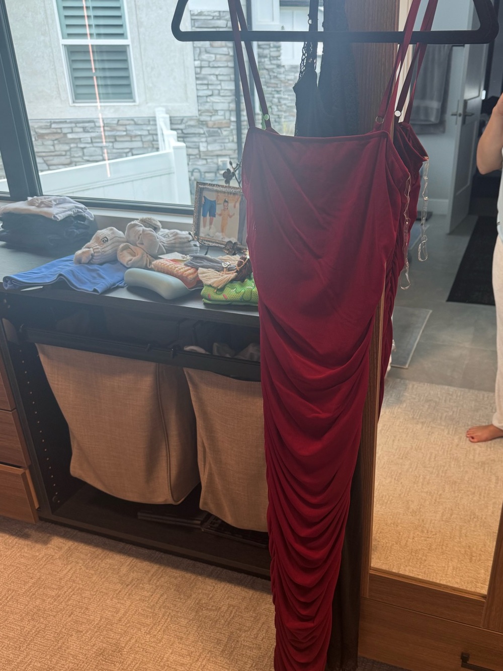 Hot Miami Styles Burgundy Ruched Satin Maxi Dress